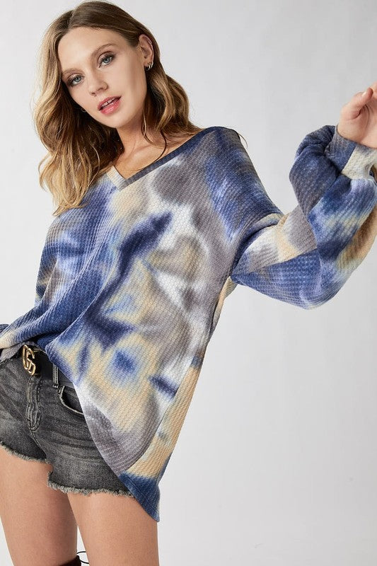 Tie Dye Waffle Knit Top Navy/Charcoal