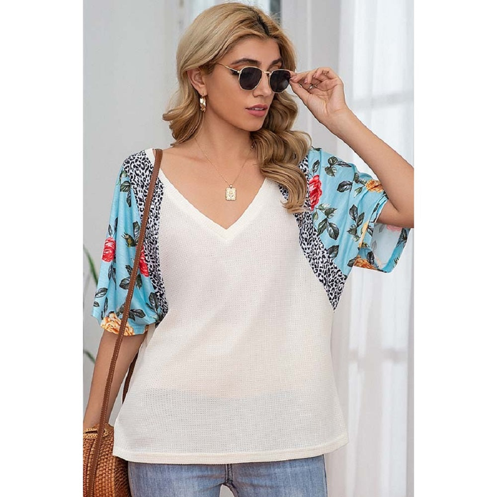 Waffle Floral/leopard Sleeve Top - Blue