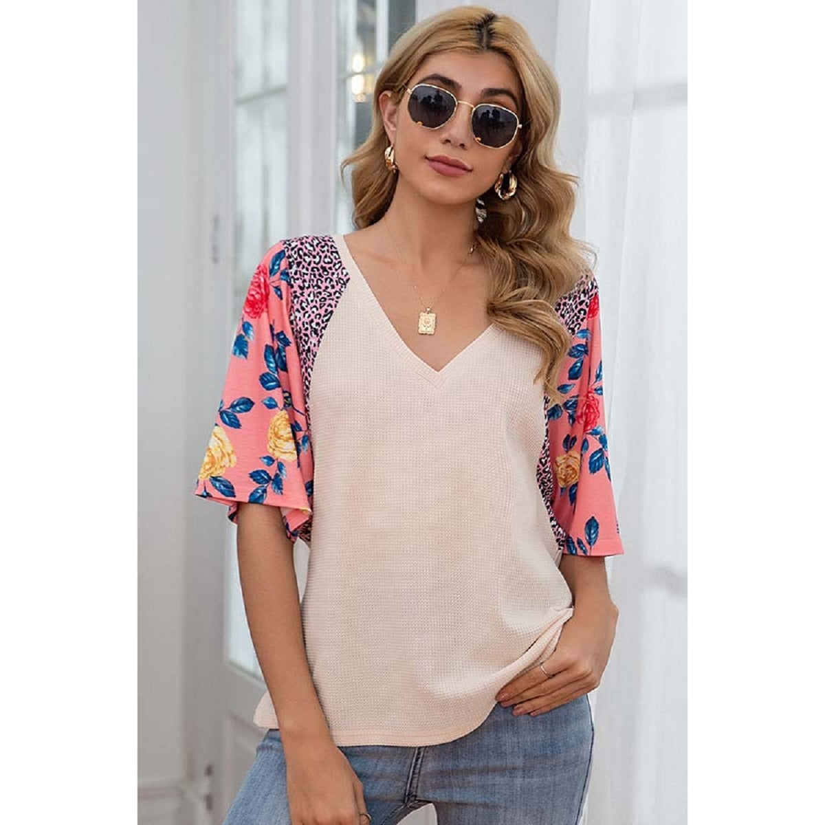 Waffle Floral/leopard Sleeve Top - Pink