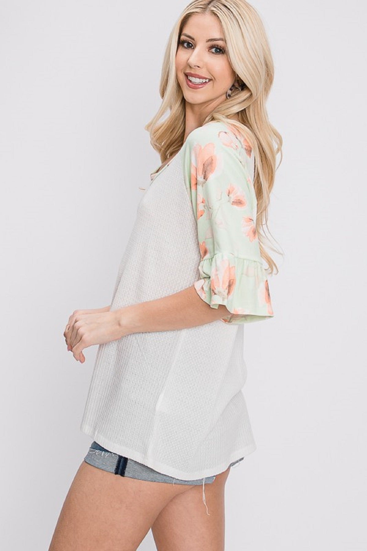 Waffle Knit Floral Sleeve Top
