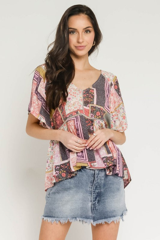 Floral Patch Flutter Sleeve Top
